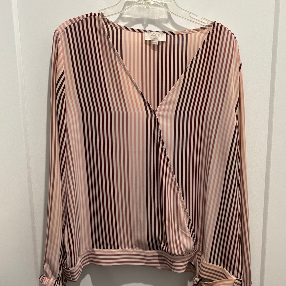 LOFT Burgundy and Cream Striped Blouse